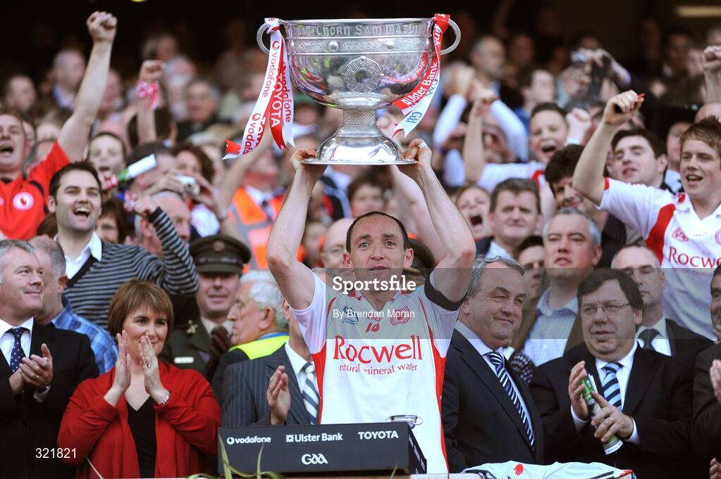 21 September 2008; Tyrone captain Brian Dooher lifts the Sam Maguire Cup after victory over Kerry. GAA Football All-Ireland Senior Championship Final, Kerry v Tyrone, Croke Park, Dublin. Picture credit: Brendan Moran / SPORTSFILE