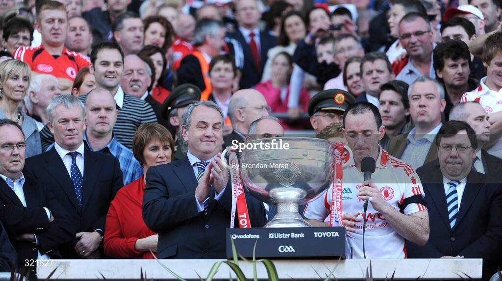 21 September 2008; Tyrone captain Brian Dooher prepares to make his speech after lifting the Sam Maguire Cup. GAA Football All-Ireland Senior Championship Final, Kerry v Tyrone, Croke Park, Dublin. Picture credit: Brendan Moran / SPORTSFILE