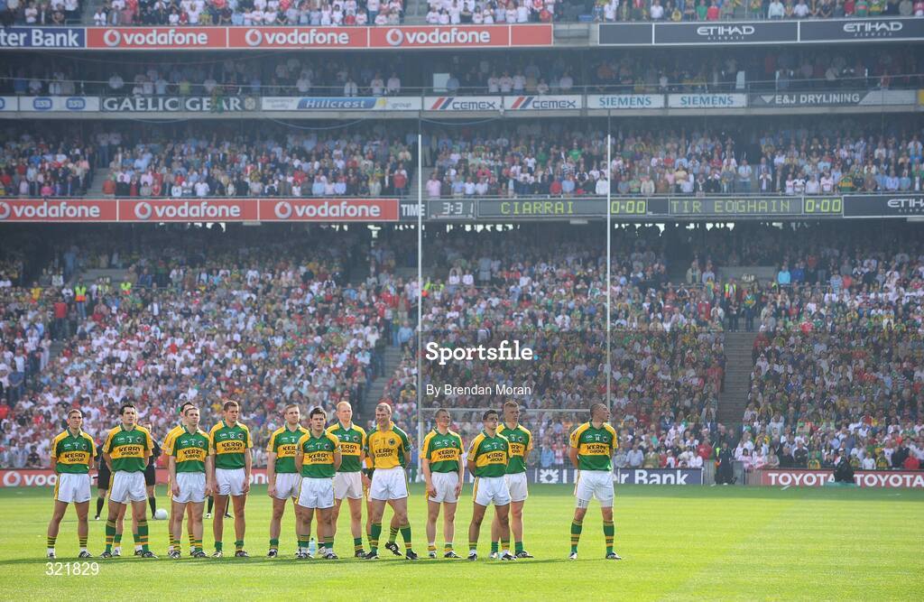 21 September 2008; The Kerry team stand for the national anthem before the game. GAA Football All-Ireland Senior Championship Final, Kerry v Tyrone, Croke Park, Dublin. Picture credit: Brendan Moran / SPORTSFILE