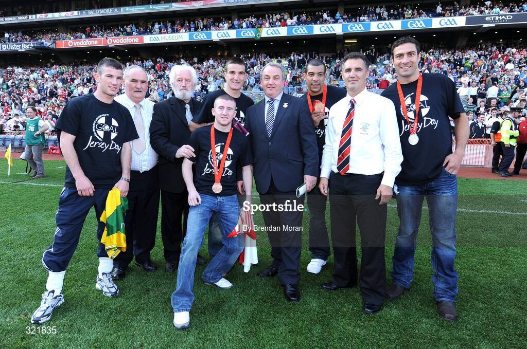 21 September 2008; Members of the Irish Olympic boxing team, from left, John Joe Nevin, Dominic O'Rourke, President of the IABA, Jim Walsh, team manager, Paddy Barnes, John Joe Joyce, Darren Sutherland, Billy Walsh, head coach and Kenny Egan with GAA President Nickey Brennan at half-time. GAA Football All-Ireland Senior Championship Final, Kerry v Tyrone, Croke Park, Dublin. Picture credit: Brendan Moran / SPORTSFILE