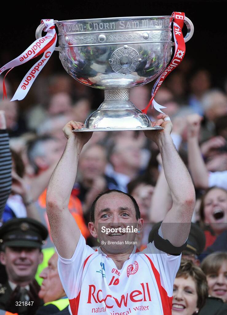 21 September 2008; Tyrone captain Brian Dooher lifts the Sam Maguire Cup after their sides victory in the GAA Football All-Ireland Senior Championship Final match between Kerry and Tyrone at Croke Park, Dublin. Photo by Brendan Moran/Sportsfile