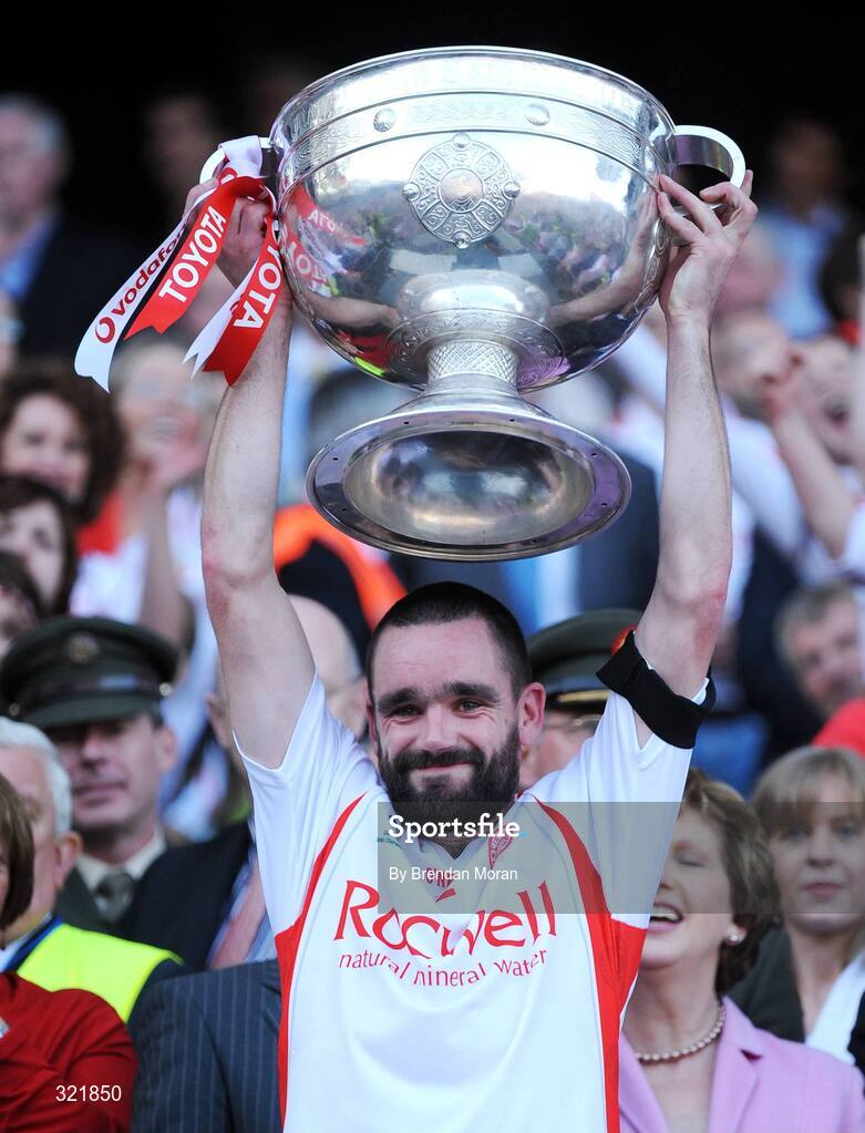 21 September 2008; Tyrone's Ryan McMenamin lifts the Sam Maguire Cup after victory over Kerry. GAA Football All-Ireland Senior Championship Final, Kerry v Tyrone, Croke Park, Dublin. Picture credit: Brendan Moran / SPORTSFILE