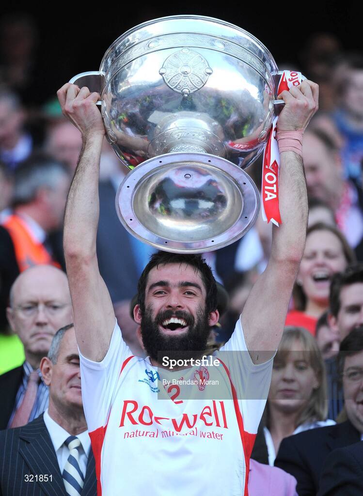 21 September 2008; Tyrone's Joe McMahon lifts the Sam Maguire Cup after victory over Kerry. GAA Football All-Ireland Senior Championship Final, Kerry v Tyrone, Croke Park, Dublin. Picture credit: Brendan Moran / SPORTSFILE