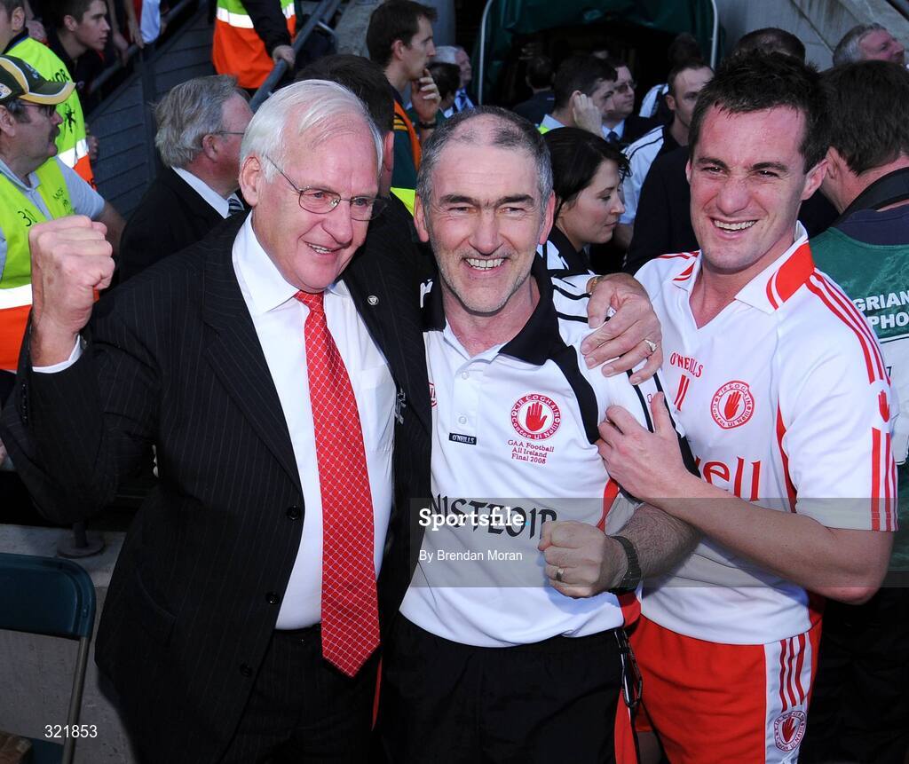 21 September 2008; Former Tyrone County Board Chairman Cuthbert Donnelly, left, with Tyrone manager Mickey Harte and Brian McGuigan after the game. GAA Football All-Ireland Senior Championship Final, Kerry v Tyrone, Croke Park, Dublin. Picture credit: Brendan Moran / SPORTSFILE