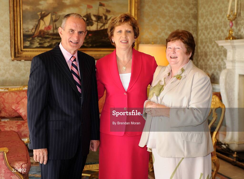20 September 2008; Irish olympic fencing team manager Nuala McGarrity with President Mary McAleese and Dr. Martin McAleese during a reception for the Irish athletes, coaches and officials who represented Ireland at the Beijing Olympics, hosted by President Mary McAleese at Aras an Uachtaran. Irish Olympians visit Aras an Uachtarain, Phoenix Park, Dublin. Picture credit: Brendan Moran / SPORTSFILE