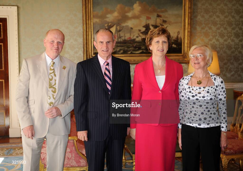 20 September 2008; Irish team Deputy Chef de Mission Tom Rafter and his wife with President Mary McAleese and Dr. Martin McAleese during a reception for the Irish athletes, coaches and officials who represented Ireland at the Beijing Olympics, hosted by President Mary McAleese at Aras an Uachtaran. Irish Olympians visit Aras an Uachtarain, Phoenix Park, Dublin. Picture credit: Brendan Moran / SPORTSFILE