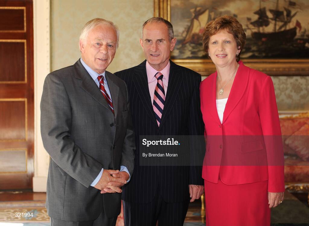 20 September 2008; Olympic Council of Ireland member Louis Kilcoyne with President Mary McAleese and Dr. Martin McAleese during a reception for the Irish athletes, coaches and officials who represented Ireland at the Beijing Olympics, hosted by President Mary McAleese at Aras an Uachtaran. Irish Olympians visit Aras an Uachtarain, Phoenix Park, Dublin. Picture credit: Brendan Moran / SPORTSFILE