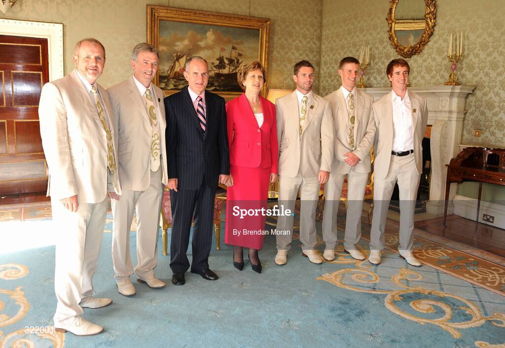 20 September 2008; Members of the Irish Olympic lightweight rowing team, from left, John Holland, coach, Mike Heskin, team manager, Paul Griffin, Richard Archibald and Cathal Moynihan with President Mary McAleese and Dr. Martin McAleese during a reception for the Irish athletes, coaches and officials who represented Ireland at the Beijing Olympics, hosted by President Mary McAleese at Aras an Uachtaran. Irish Olympians visit Aras an Uachtarain, Phoenix Park, Dublin. Picture credit: Brendan Moran / SPORTSFILE
