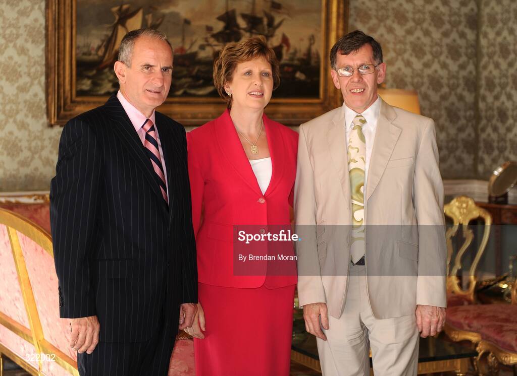 20 September 2008; Olympic Council of Ireland First Vice President Willie O'Brien with President Mary McAleese and Dr. Martin McAleese during a reception for the Irish athletes, coaches and officials who represented Ireland at the Beijing Olympics, hosted by President Mary McAleese at Aras an Uachtaran. Irish Olympians visit Aras an Uachtarain, Phoenix Park, Dublin. Picture credit: Brendan Moran / SPORTSFILE