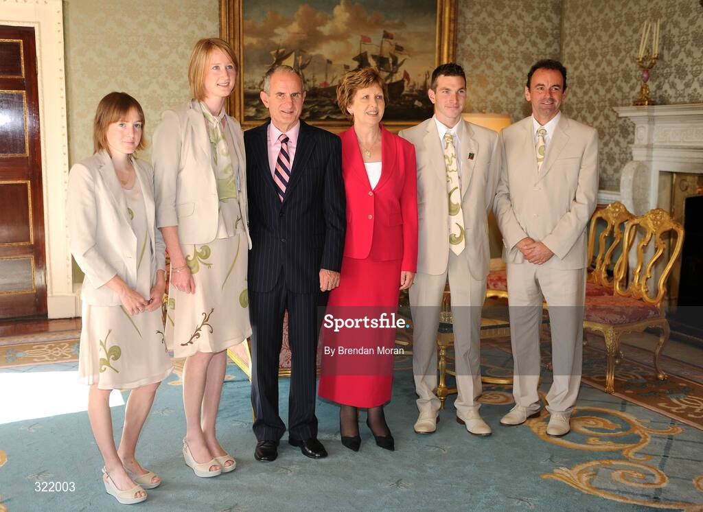20 September 2008; Olympic athletes Fionnuala Britton, left, Joanne Cuddihy and Jamie Costin and Olympic Council of Ireland Chief Executive Stephen Martin with President Mary McAleese and Dr. Martin McAleese during a reception for the Irish athletes, coaches and officials who represented Ireland at the Beijing Olympics, hosted by President Mary McAleese at Aras an Uachtaran. Irish Olympians visit Aras an Uachtarain, Phoenix Park, Dublin. Picture credit: Brendan Moran / SPORTSFILE