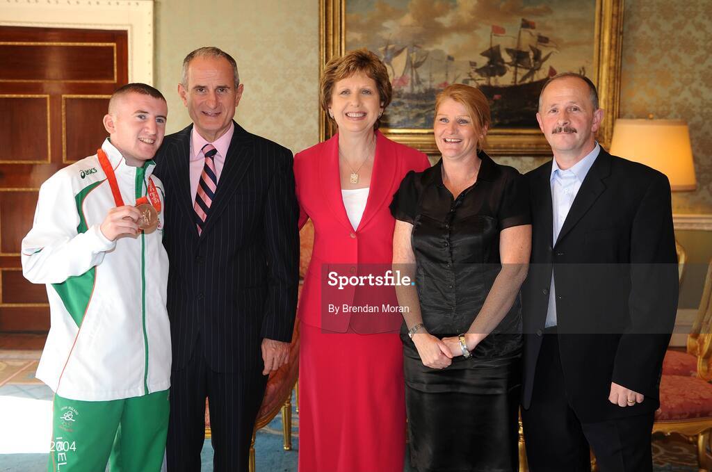 20 September 2008; Olympic boxer Paddy Barnes and his parents with President Mary McAleese and Dr. Martin McAleese during a reception for the Irish athletes, coaches and officials who represented Ireland at the Beijing Olympics, hosted by President Mary McAleese at Aras an Uachtaran. Irish Olympians visit Aras an Uachtarain, Phoenix Park, Dublin. Picture credit: Brendan Moran / SPORTSFILE