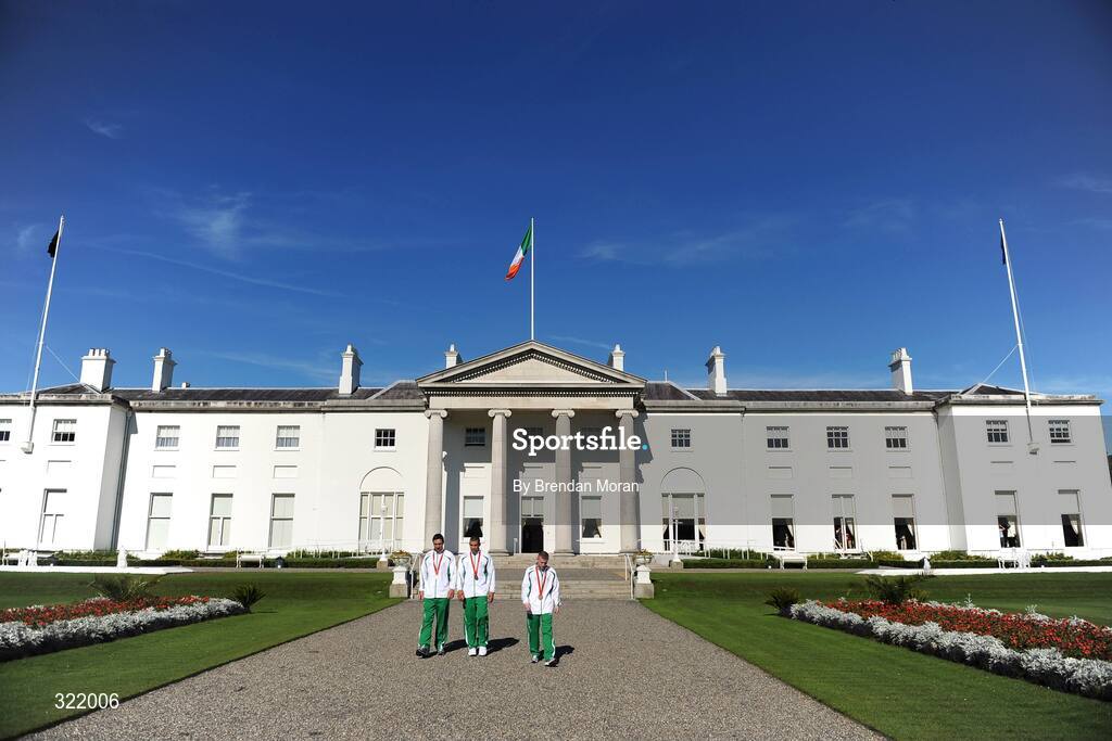 20 September 2008; Irish olympic boxers Kenny Egan, left, Darren Sutherland and Paddy Barnes walk the grounds during a reception for the Irish athletes, coaches and officials who represented Ireland at the Beijing Olympics, hosted by President Mary McAleese at Aras an Uachtaran. Irish Olympians visit Aras an Uachtarain, Phoenix Park, Dublin. Picture credit: Brendan Moran / SPORTSFILE