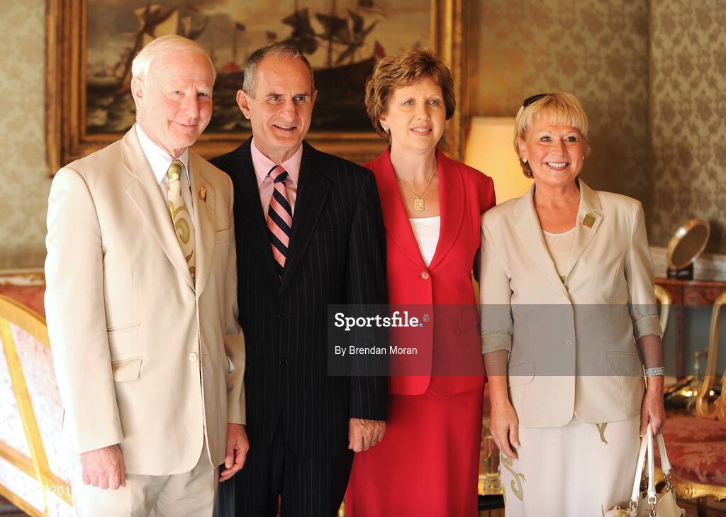 20 September 2008; Olympic Council of Ireland President Pat Hiickey and his wife Sylvain with President Mary McAleese and Dr. Martin McAleese during a reception for the Irish athletes, coaches and officials who represented Ireland at the Beijing Olympics, hosted by President Mary McAleese at Aras an Uachtaran. Irish Olympians visit Aras an Uachtarain, Phoenix Park, Dublin. Picture credit: Brendan Moran / SPORTSFILE