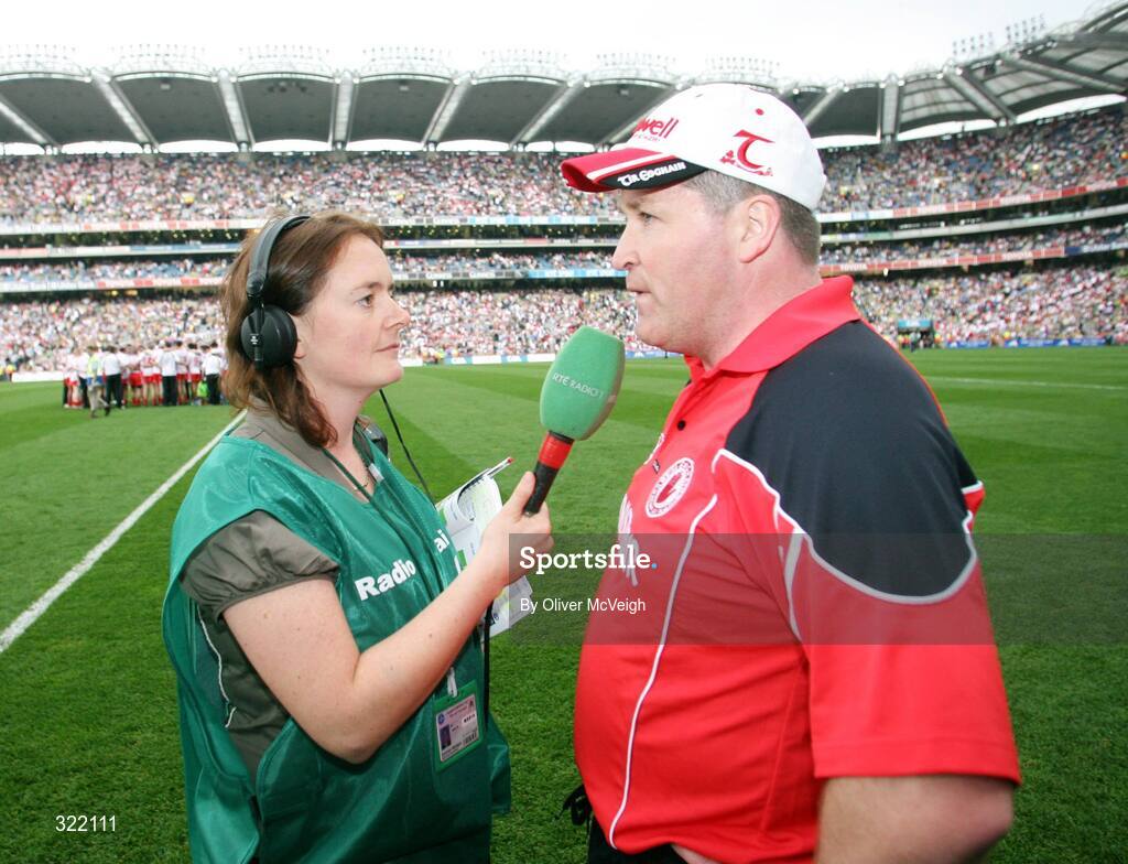 21 September 2008; Tyrone manager, Raymond Munroe, being interviewed for RTE after the game. ESB GAA Football All-Ireland Minor Championship Final, Tyrone v Mayo, Croke Park, Dublin. Picture credit: Oliver McVeigh / SPORTSFILE