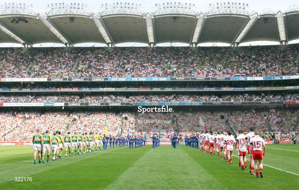 21 September 2008; The Kerry and Tyrone teams on parade before the game. GAA Football All-Ireland Senior Championship Final, Kerry v Tyrone, Croke Park, Dublin. Picture credit: Oliver McVeigh / SPORTSFILE