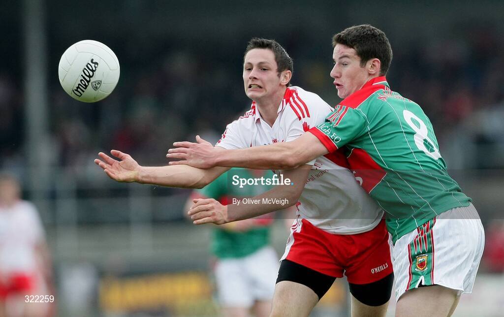 27 September 2008; Ronan McNabb, Tyrone, in action against James Cafferty, Mayo. ESB GAA Football All-Ireland Minor Championship Final Replay, Tyrone v Mayo, Pearse Park, Longford. Picture credit: Oliver McVeigh / SPORTSFILE