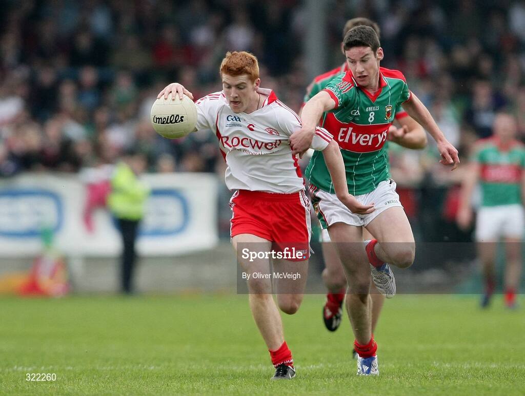 27 September 2008; Peter Harte, Tyrone, in action against James Cafferty, Mayo. ESB GAA Football All-Ireland Minor Championship Final Replay, Tyrone v Mayo, Pearse Park, Longford. Picture credit: Oliver McVeigh / SPORTSFILE