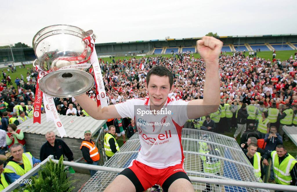 27 September 2008; Tyrone captain Ronan McNabb holds up the Tom Markham Cup. ESB GAA Football All-Ireland Minor Championship Final Replay, Tyrone v Mayo, Pearse Park, Longford. Picture credit: Oliver McVeigh / SPORTSFILE