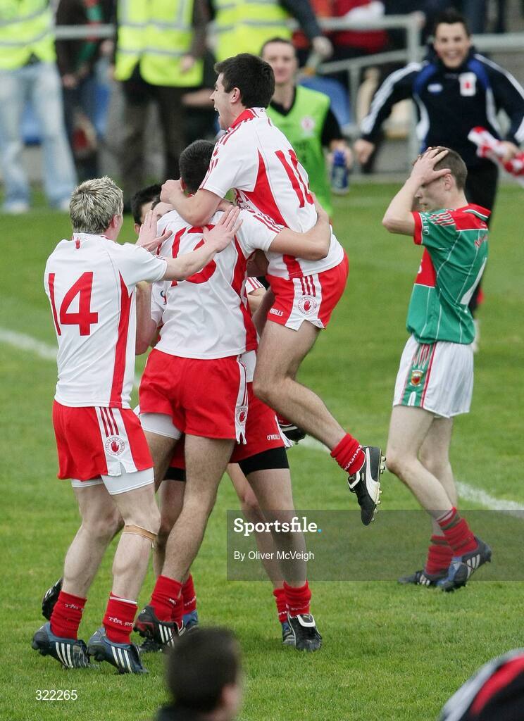 27 September 2008; Kyle Coney, Paddy McNeice, Ciaran Gervin, Ronan McNabb and Sean Warnock, Tyrone, celebrate at the final whistle. ESB GAA Football All-Ireland Minor Championship Final Replay, Tyrone v Mayo, Pearse Park, Longford. Picture credit: Oliver McVeigh / SPORTSFILE