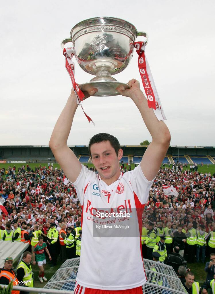 27 September 2008; Tyrone Captain Ronan McNabb with the Tom Markham cup. ESB GAA Football All-Ireland Minor Championship Final Replay, Tyrone v Mayo, Pearse Park, Longford. Picture credit: Oliver McVeigh / SPORTSFILE