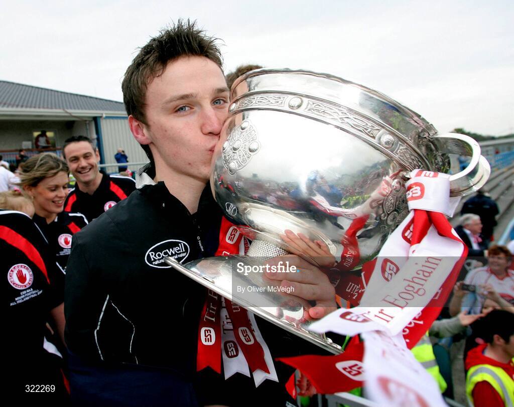 27 September 2008; Injured Tyrone Captain Ryan Pickering kisses the Tom Markham cup. ESB GAA Football All-Ireland Minor Championship Final Replay, Tyrone v Mayo, Pearse Park, Longford. Picture credit: Oliver McVeigh / SPORTSFILE