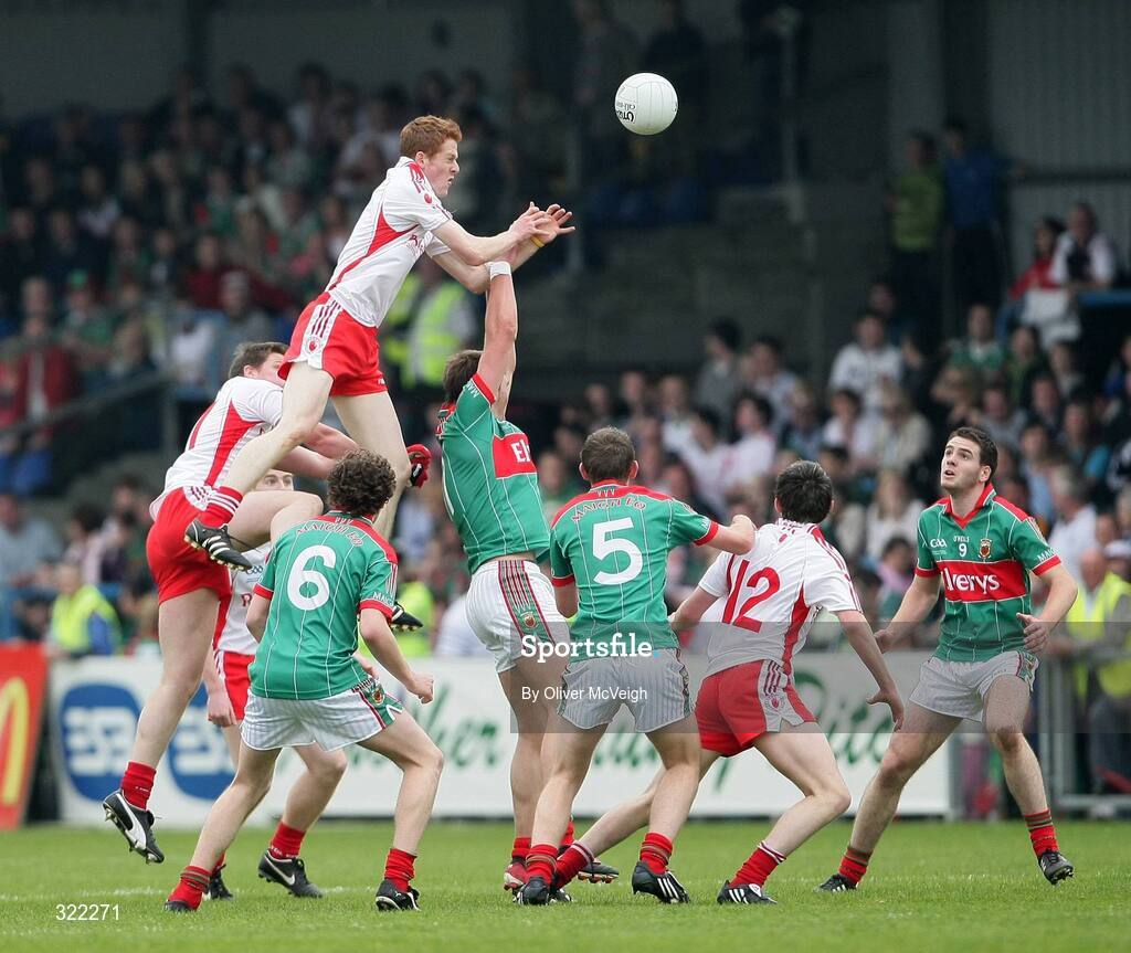 27 September 2008; Niall McKenna, Tyrone, in action against Aidan O'Shea, Mayo. ESB GAA Football All-Ireland Minor Championship Final Replay, Tyrone v Mayo, Pearse Park, Longford. Picture credit: Oliver McVeigh / SPORTSFILE