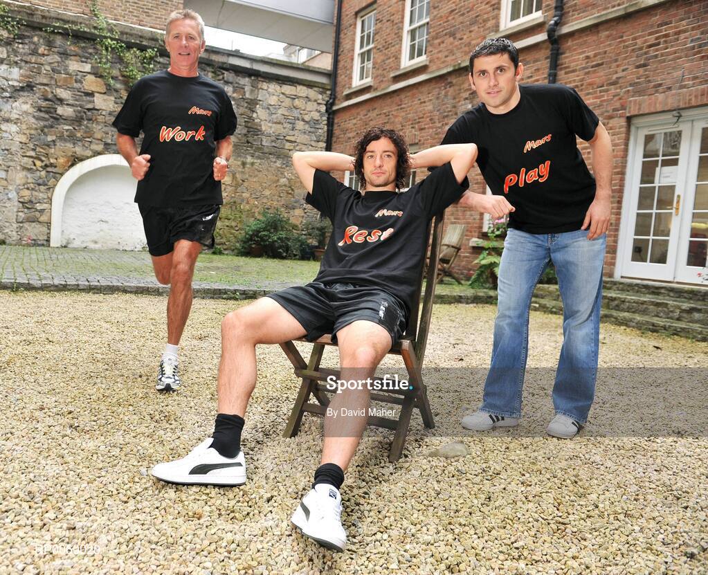 24 September 2008; Irish soccer international Stephen Hunt, centre, along with athletics hero Eamonn Coghlan, left, and top GAA star Alan Brogan at the launch of the MARS Work - Rest - Play survey in Dublin. The Mars 'Work - Rest -  Play' survey gives insight into the lives of Irish athletes both professional and amateur. Over thirty athletes from various codes including Rugby, Soccer, Gaelic Football, Hurling, Cycling and Athletics took part, revealing how both current and past sports stars train and workout, the importance of rest within their training regime, and how they like to chill out or play on those rare occasions they have down time! Wilson Hartnell Public Relations, Ely Place, Dublin. Picture credit: David Maher / SPORTSFILE