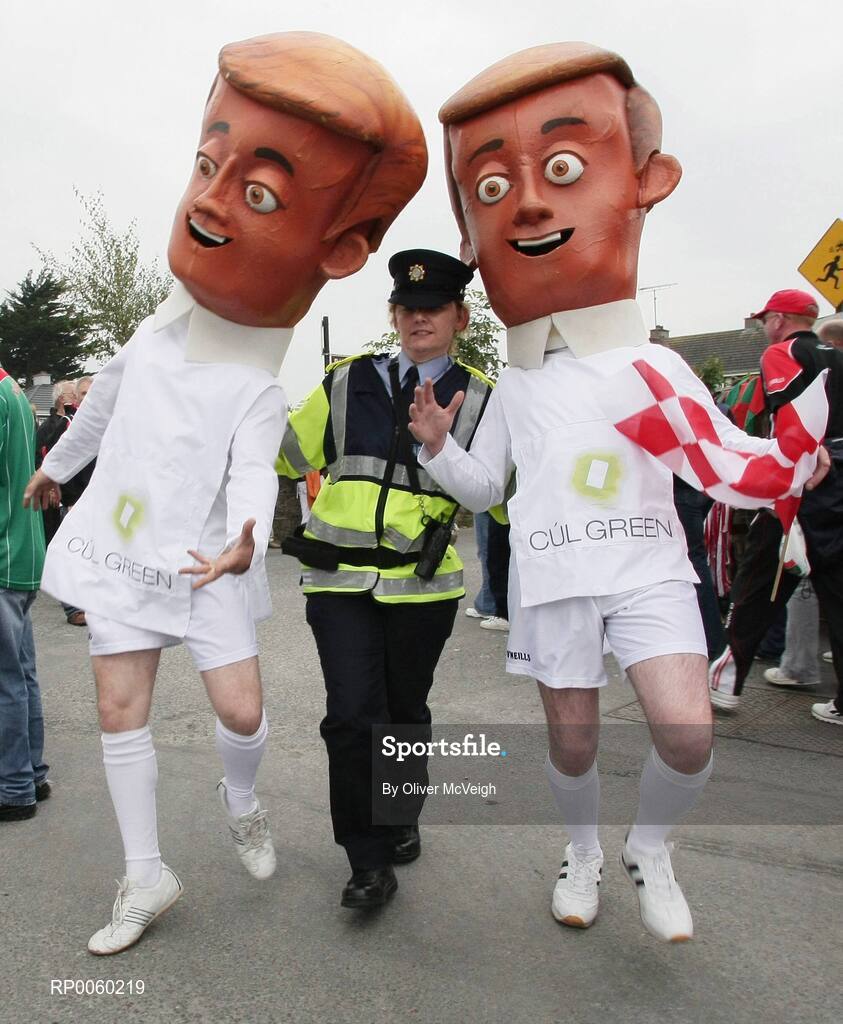 27 September 2008; Garda Karen Grogan "arrests" Cul Green Campaigners at the ESB GAA Football All-Ireland Minor Championship Final Replay, Tyrone v Mayo, Pearse Park, Longford. Picture credit: Oliver McVeigh / SPORTSFILE