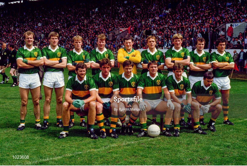 21 July 1985: The Kerry team, back row, from left, Jack O'Shea, Tom Spillane, John Higgins, John Kennedy, Charlie Nelligan, Ger Lynch, Pat Spillane, Mikey Sheehy and Ger Power, with front, from left, Eoin Liston, Ambrose O'Donovan, Tommy Doyle, Páidí Ó Sé, Mick Spillane and Denis Ogie Moran, before the Munster Senior Football Championship final match between Kerry and Cork at Páirc Ui Chaoimh in Cork. Photo by Ray McManus/Sportsfile