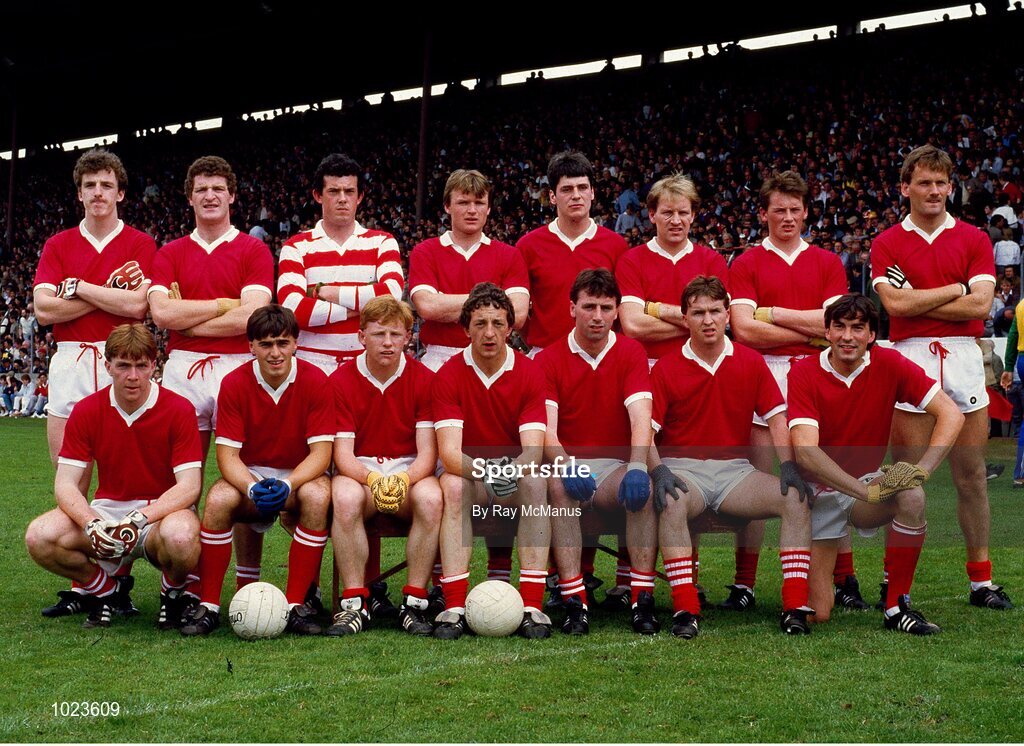 21 July 1985: The Cork team, back, from left, Barry Coffey, Colman Corrigan, John Kerins, teddy McCarthy, Tom Mannix, Dave Barry, Niall Cahalane and Colm O'Neill, with, front, from left, Mattie McCarthy, Tony Nation, Paddy Harrington, Conor Counihan, Jimmy Kerrigan, Tony O'Sullivan and John Evans before the Munster Senior Football Championship final match between Kerry and Cork at Páirc Ui Chaoimh in Cork. Photo by Ray McManus/Sportsfile