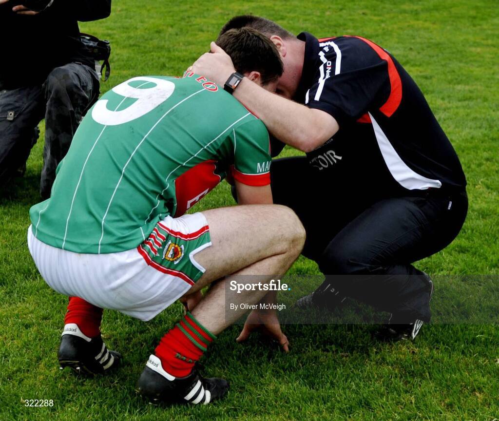 27 September 2008; Tyrone manager Raymond Munroe consoles Mayo midfielder Ger McDonagh at the final whistle. ESB GAA Football All-Ireland Minor Championship Final Replay, Tyrone v Mayo, Pearse Park, Longford. Picture credit: Michael Cullen / SPORTSFILE