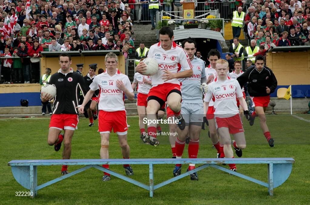 27 September 2008; Tyrone Captain Ronan McNabb hurdles the bench in preparation for the squad picture. ESB GAA Football All-Ireland Minor Championship Final Replay, Tyrone v Mayo, Pearse Park, Longford. Picture credit: Oliver McVeigh / SPORTSFILE