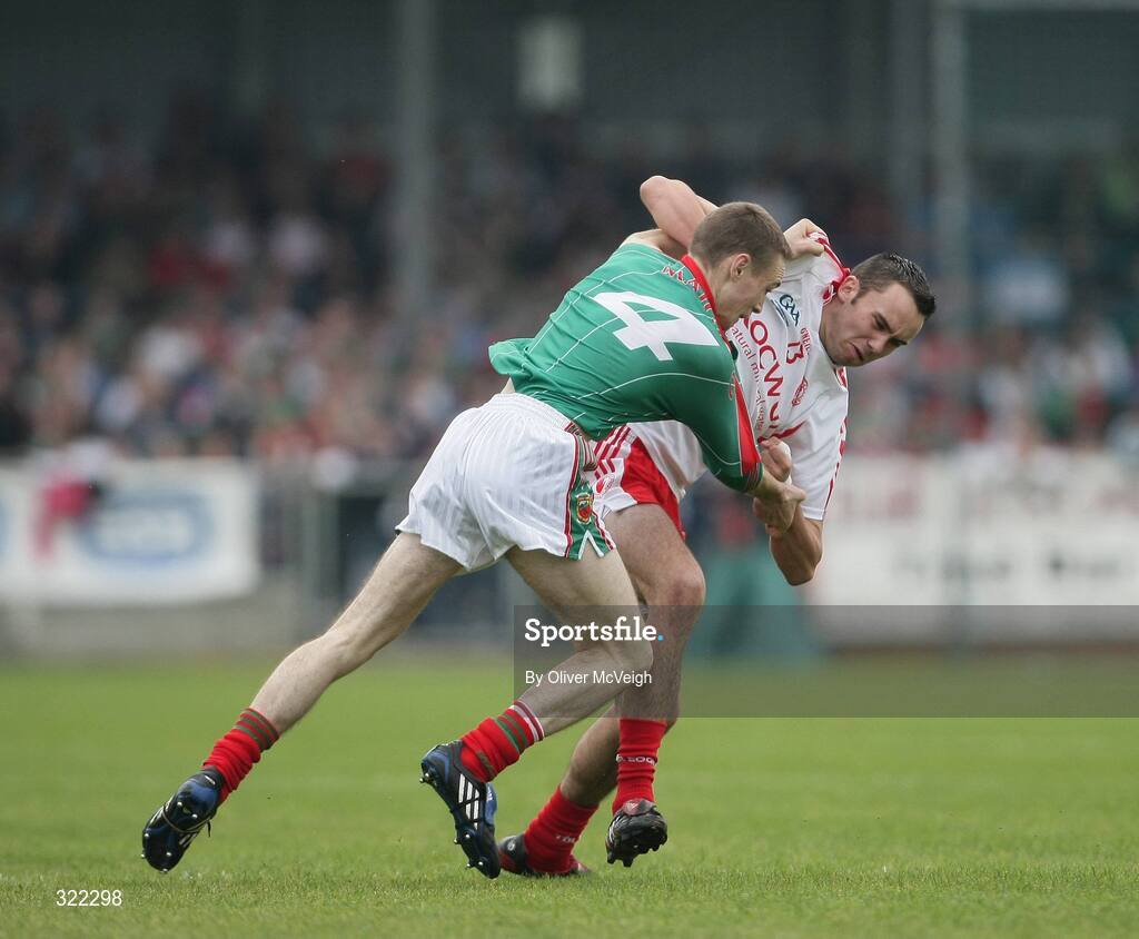 27 September 2008; Kyle Coney, Tyrone, and John Broderick, Mayo, in dispute. ESB GAA Football All-Ireland Minor Championship Final Replay, Tyrone v Mayo, Pearse Park, Longford. Picture credit: Oliver McVeigh / SPORTSFILE