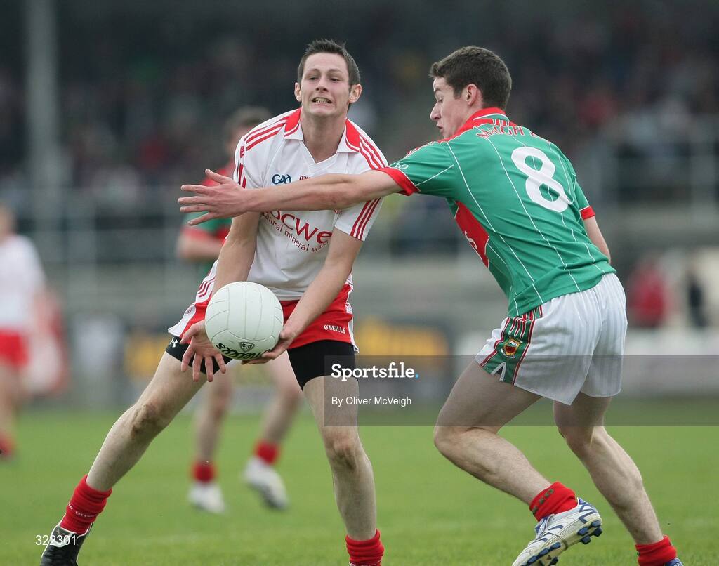 27 September 2008; Ronan McNabb, Tyrone, in action against James Cafferty, Mayo. ESB GAA Football All-Ireland Minor Championship Final Replay, Tyrone v Mayo, Pearse Park, Longford. Picture credit: Oliver McVeigh / SPORTSFILE