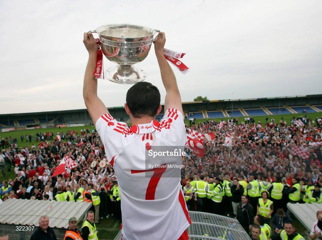 27 September 2008; Tyrone Captain Ronan McNabb holds aloft the Tom Markham cup to fans. ESB GAA Football All-Ireland Minor Championship Final Replay, Tyrone v Mayo, Pearse Park, Longford. Picture credit: Oliver McVeigh / SPORTSFILE