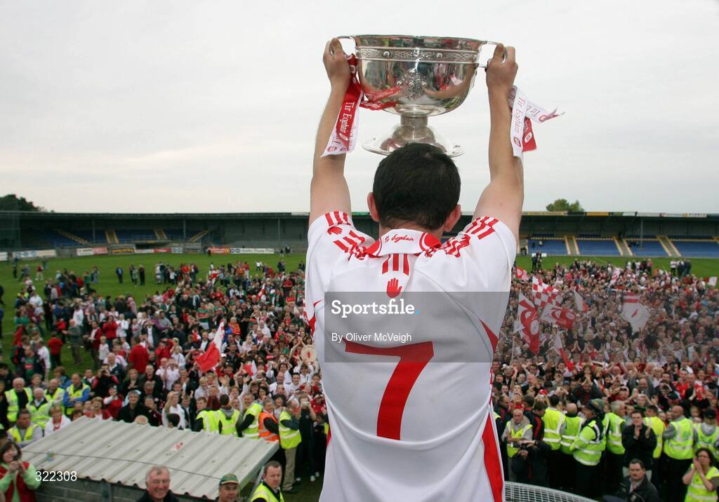 27 September 2008; Tyrone Captain, Ronan McNabb, holds aloft the Tom Markham cup to the fans. ESB GAA Football All-Ireland Minor Championship Final Replay, Tyrone v Mayo, Pearse Park, Longford. Picture credit: Oliver McVeigh / SPORTSFILE
