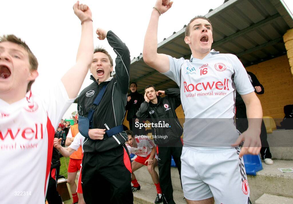 27 September 2008; Injured Tyrone captain Ryan Pickering and team mate Ronan McAnealy celebrate near the end of the game. ESB GAA Football All-Ireland Minor Championship Final Replay, Tyrone v Mayo, Pearse Park, Longford. Picture credit: Oliver McVeigh / SPORTSFILE