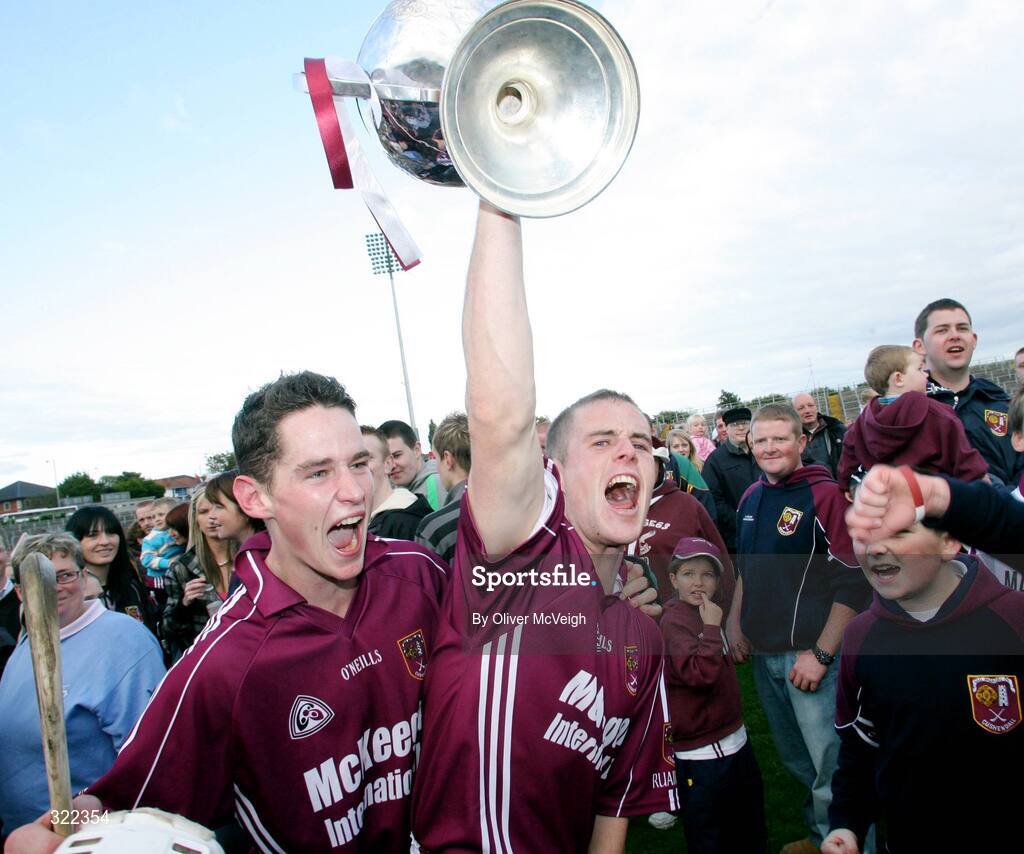 28 September 2008; Aaron Graffin and Sean Delargy, Cushendalls Ruairi Og's, celebrate with the cup. Antrim County Senior Hurling Final, Cushendalls Ruairi Og's v Loughgiel Shamrocks, Casement Park, Belfast, Co. Antrim. Picture credit: Oliver McVeigh / SPORTSFILE