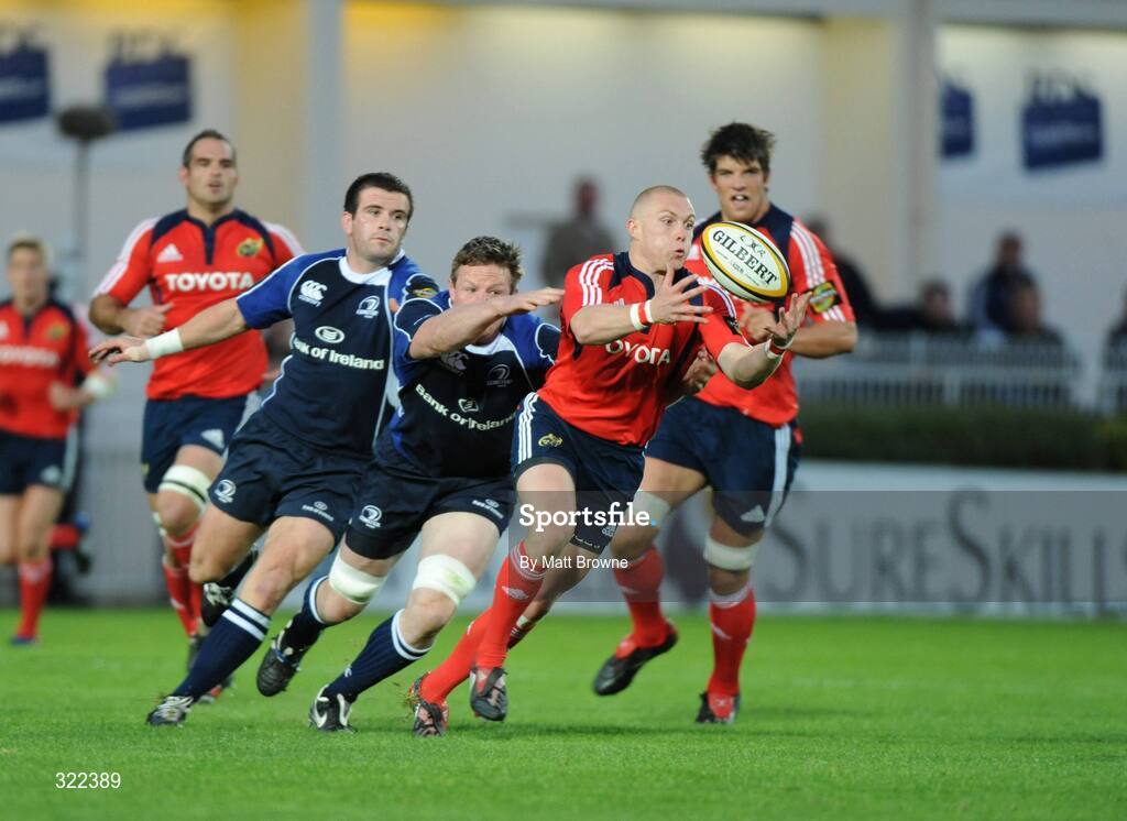 28 September 2008; Keith Earls, Munster, is tackled by Malcolm O'Kelly, Leinster. Magners League, Leinster v Munster, RDS, Dublin. Picture credit: Matt Browne / SPORTSFILE