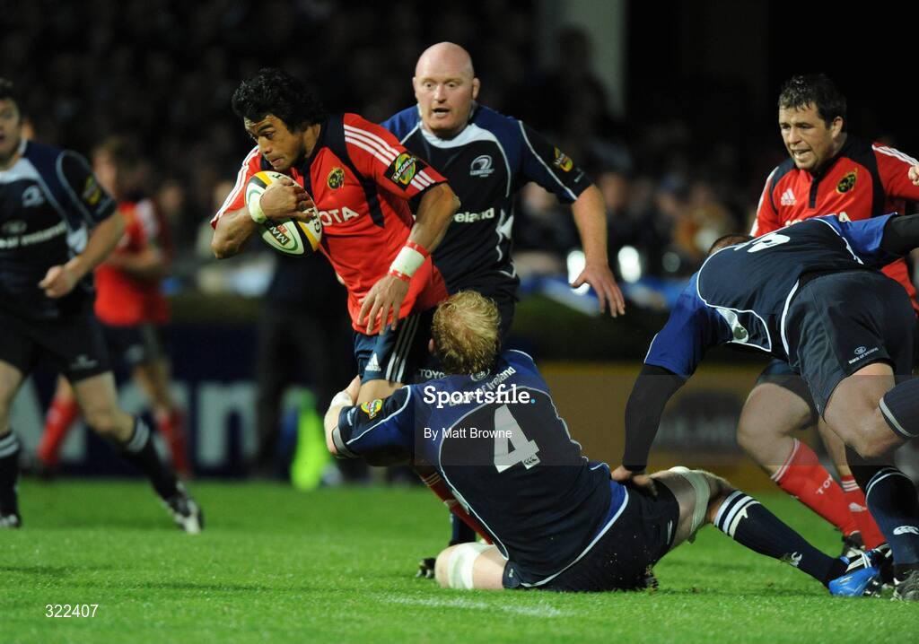 28 September 2008; Lifeimi Mafi, Munster, is tackled by Leo Cullen, Leinster. Magners League, Leinster v Munster, RDS, Dublin. Picture credit: Matt Browne / SPORTSFILE