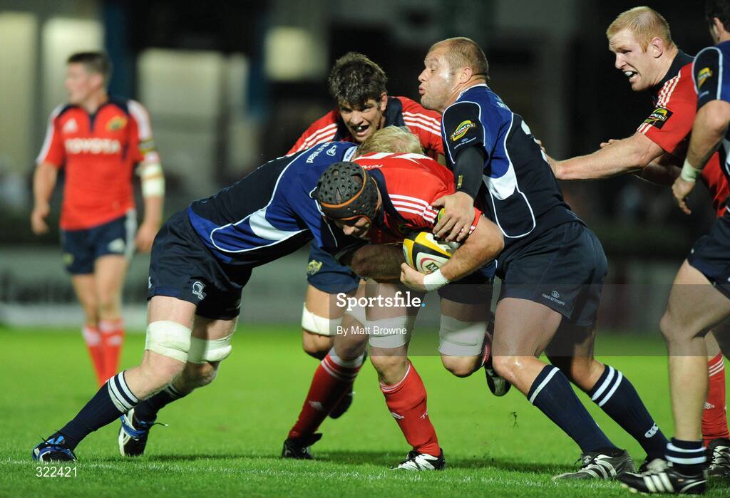 28 September 2008; Alan Quinlan, Munster, is tackled by Leo Cullen and CJ Van Der Linde, Leinster. Magners League, Leinster v Munster, RDS, Dublin. Picture credit: Matt Browne / SPORTSFILE