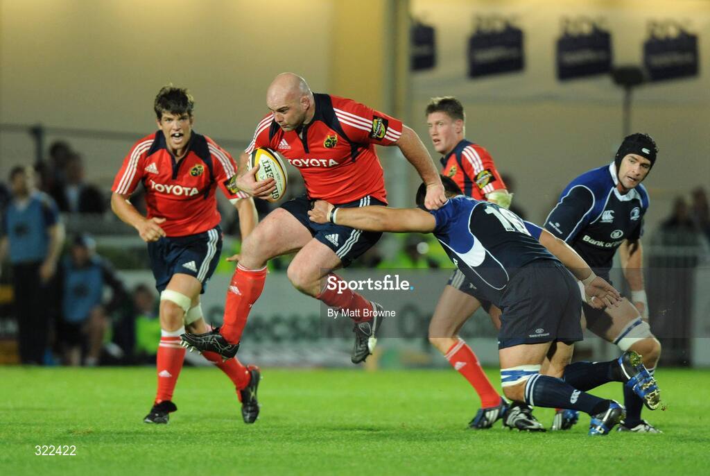 28 September 2008; John Hayes, Munster, is tackled by Stan Wright, Leinster. Magners League, Leinster v Munster, RDS, Dublin. Picture credit: Matt Browne / SPORTSFILE