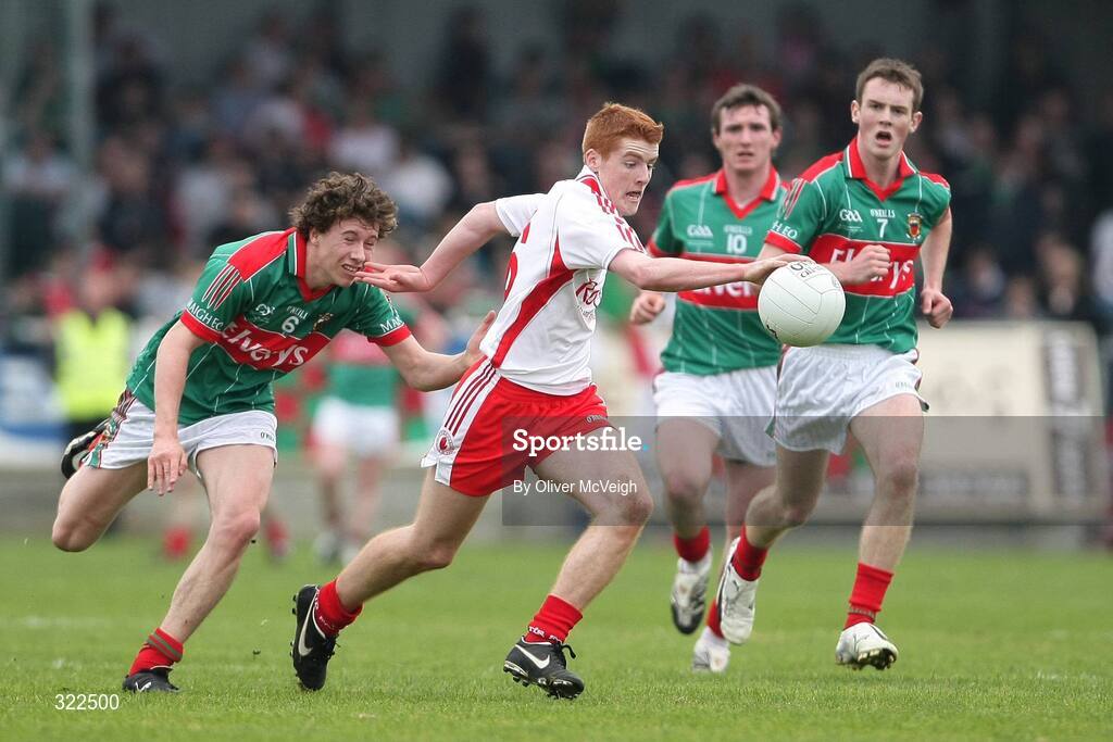 27 September 2008; Peter Harte, Tyrone, in action against Eoin Reilly, Mayo. ESB GAA Football All-Ireland Minor Championship Final Replay, Tyrone v Mayo, Pearse Park, Longford. Picture credit: Oliver McVeigh / SPORTSFILE