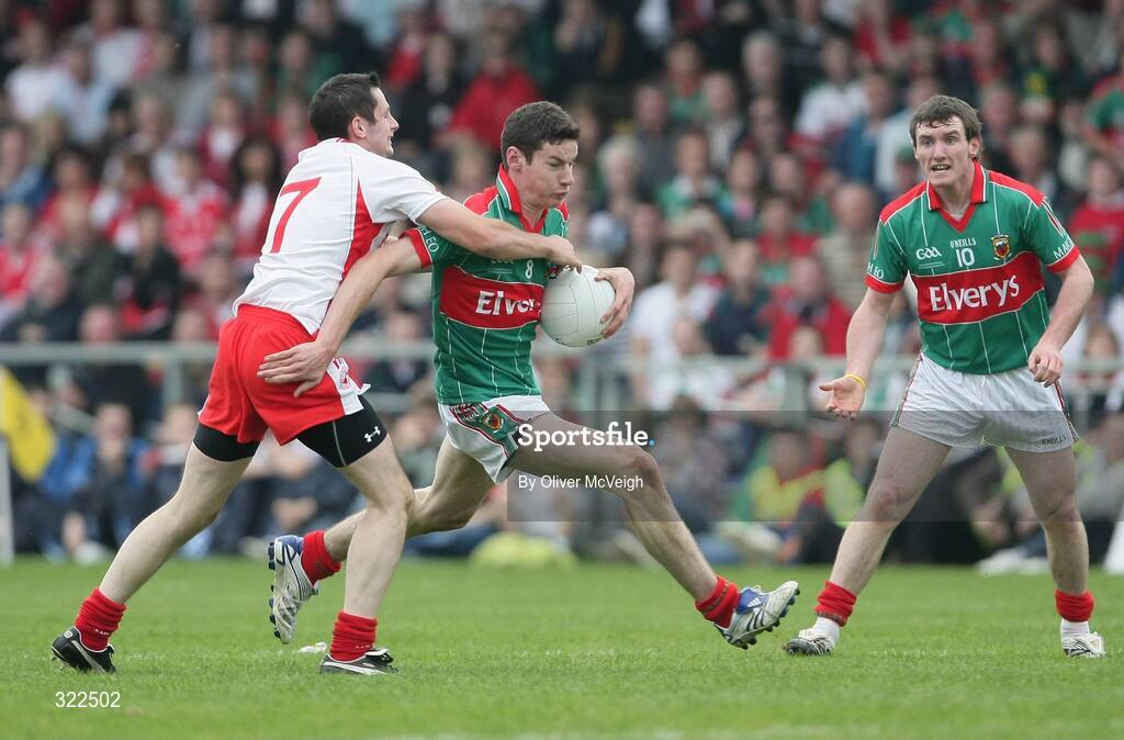 27 September 2008; James Cafferty, Mayo, in action against Ronan McNabb, Tyrone. ESB GAA Football All-Ireland Minor Championship Final Replay, Tyrone v Mayo, Pearse Park, Longford. Picture credit: Oliver McVeigh / SPORTSFILE