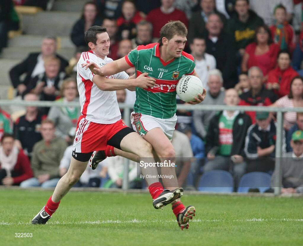 27 September 2008; Aidan O'Shea, Mayo, in action against Ronan McNabb, Tyrone. ESB GAA Football All-Ireland Minor Championship Final Replay, Tyrone v Mayo, Pearse Park, Longford. Picture credit: Oliver McVeigh / SPORTSFILE