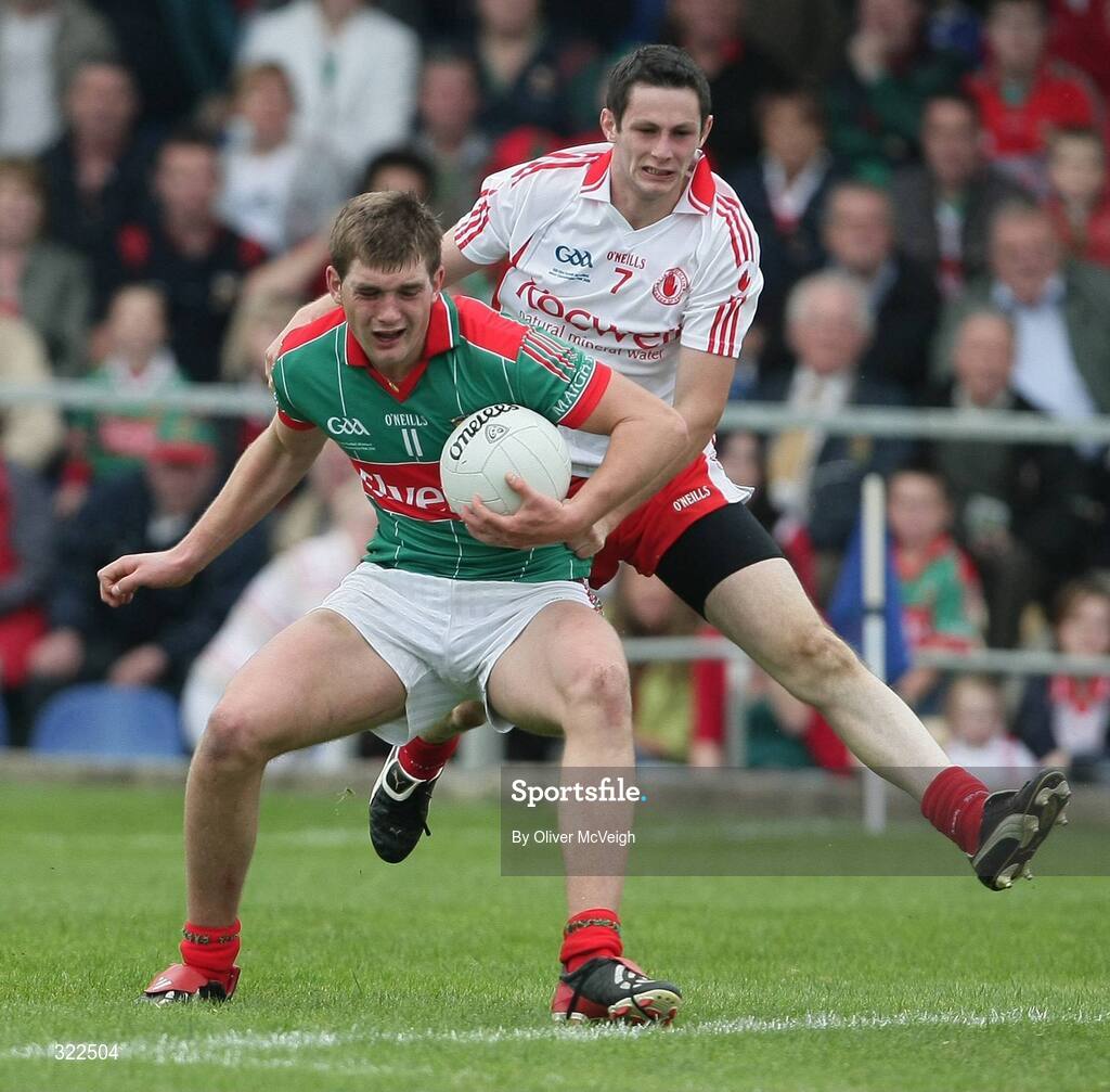 27 September 2008; Aidan O'Shea, Mayo, in action against Ronan McNabb, Tyrone. ESB GAA Football All-Ireland Minor Championship Final Replay, Tyrone v Mayo, Pearse Park, Longford. Picture credit: Oliver McVeigh / SPORTSFILE