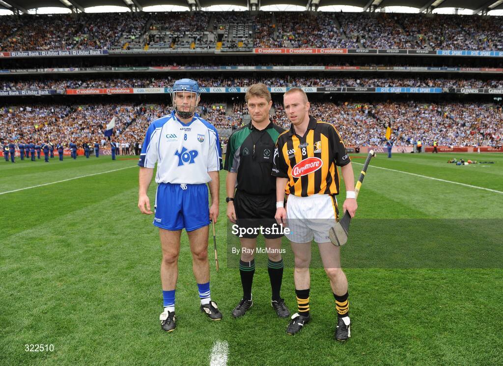 7 September 2008; Referee Barry Kelly with Waterford captain Michael Walsh, left, and Kilkenny captain James 'Cha' Fitzpatrick. GAA Hurling All-Ireland Senior Championship Final, Kilkenny v Waterford, Croke Park, Dublin. Picture credit: Ray McManus / SPORTSFILE