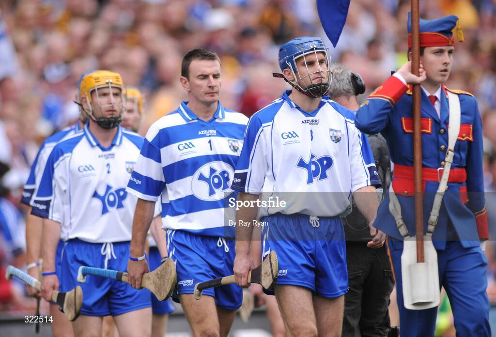 7 September 2008; Waterford captain Michael Walsh leads goalkeeper Clinton Hennessy, centre, and Eoin Murphy, left, during the pre-match parade. GAA Hurling All-Ireland Senior Championship Final, Kilkenny v Waterford, Croke Park, Dublin. Picture credit: Ray Ryan / SPORTSFILE