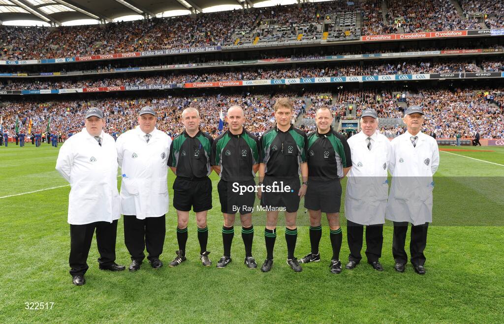7 September 2008; Referee Barry Kelly with his umpires and officials before the game. GAA Hurling All-Ireland Senior Championship Final, Kilkenny v Waterford, Croke Park, Dublin. Picture credit: Ray McManus / SPORTSFILE
