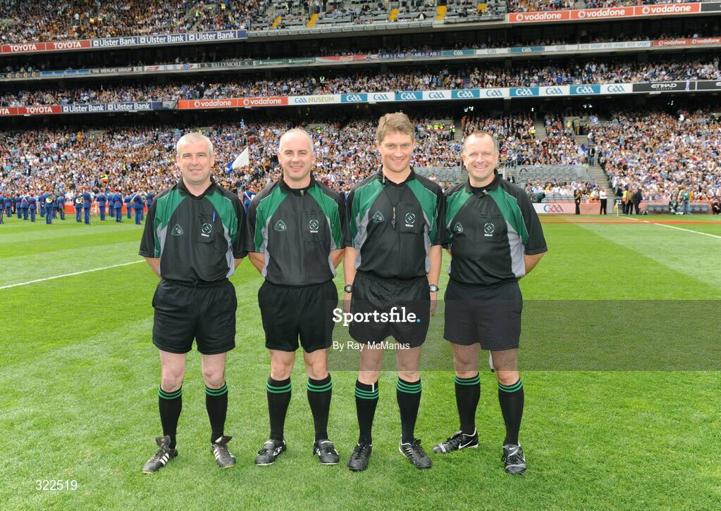 7 September 2008; Referee Barry Kelly, second from right, with his officials, from left, Pat Green, John Sexton and Tommy McIntyre. GAA Hurling All-Ireland Senior Championship Final, Kilkenny v Waterford, Croke Park, Dublin. Picture credit: Ray McManus / SPORTSFILE